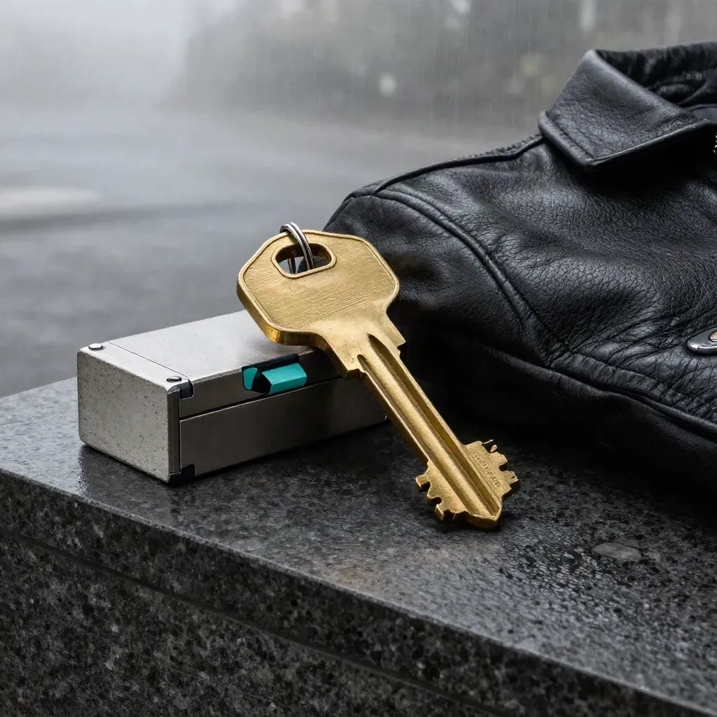 Brass key, leather loan jacket, steel lockbox and concrete blocks on rain-dark stone.