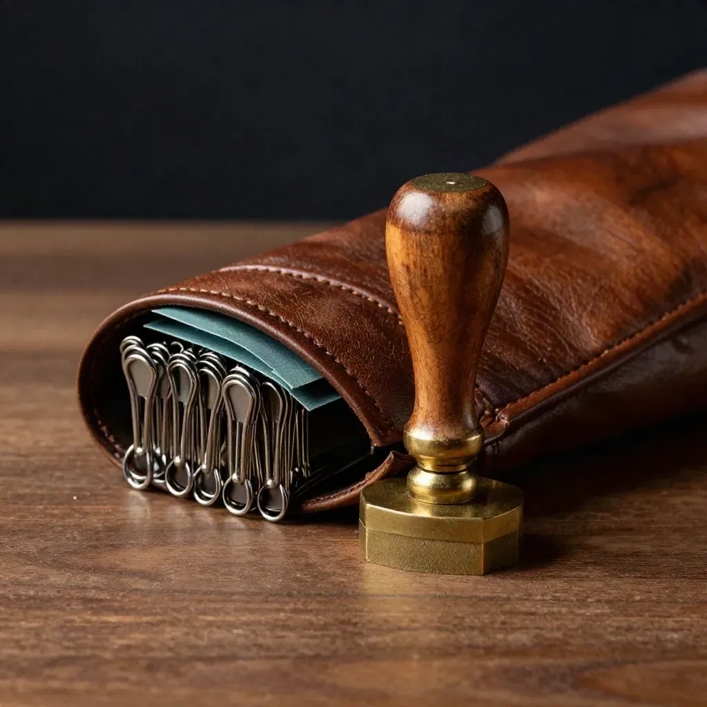 Macro still life of a closed loan jacket, brass stamp, and steel clips on walnut wood.