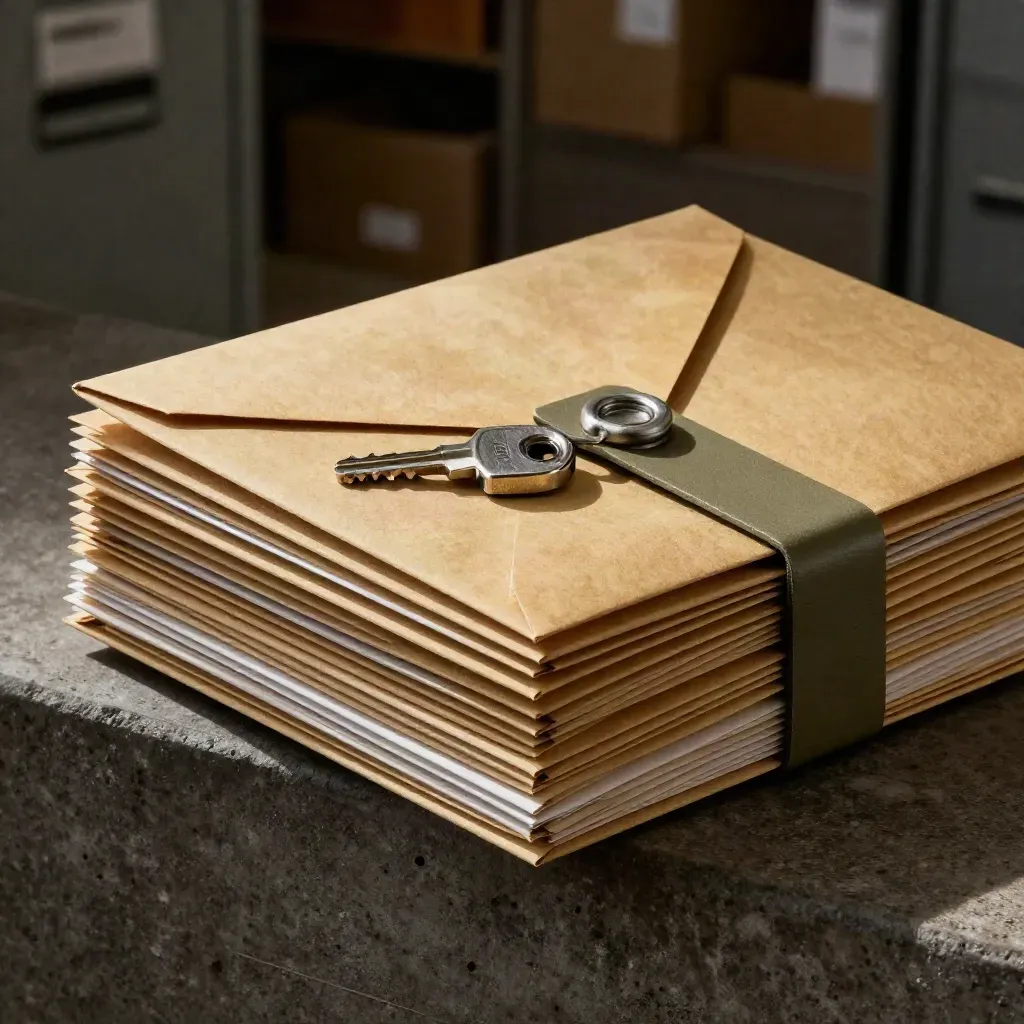Courier file envelopes, lockbox key and folder rail on dark concrete in dramatic low light.