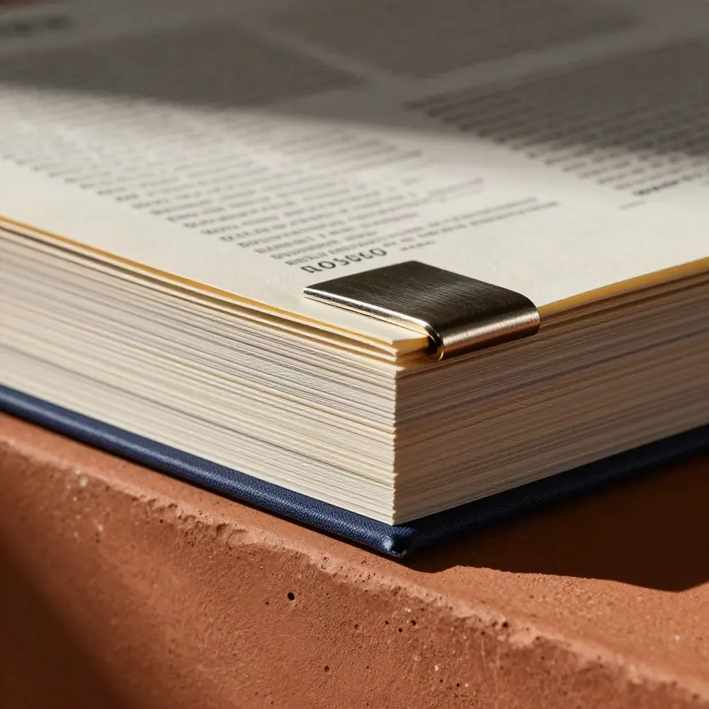 Macro of a statement packet, stone paperweight and steel clip on terracotta